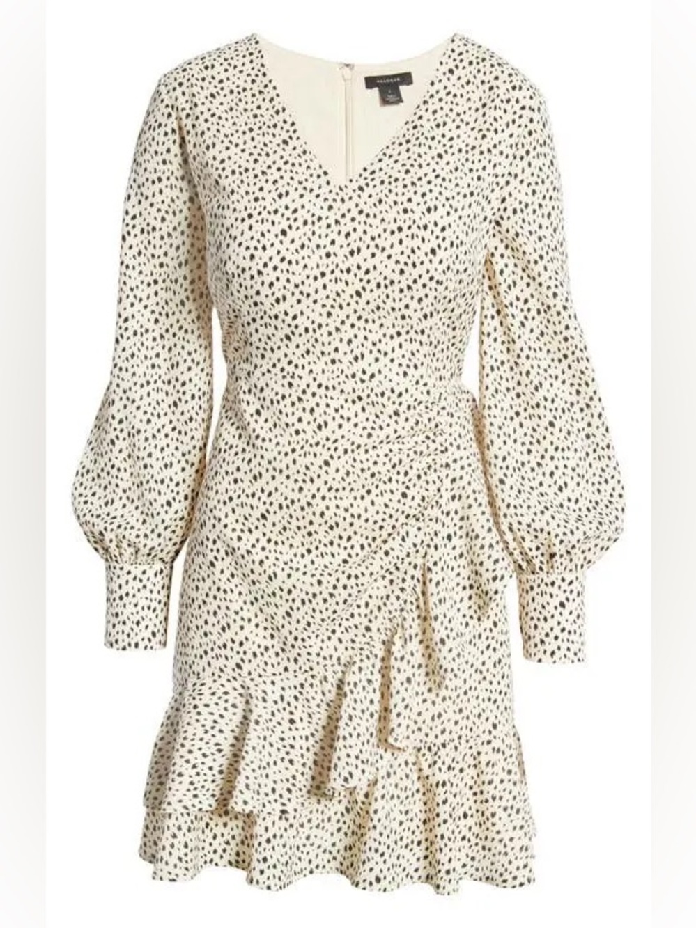 Halogen ivory-black speckled print long sleeve ruffle wrap dress
